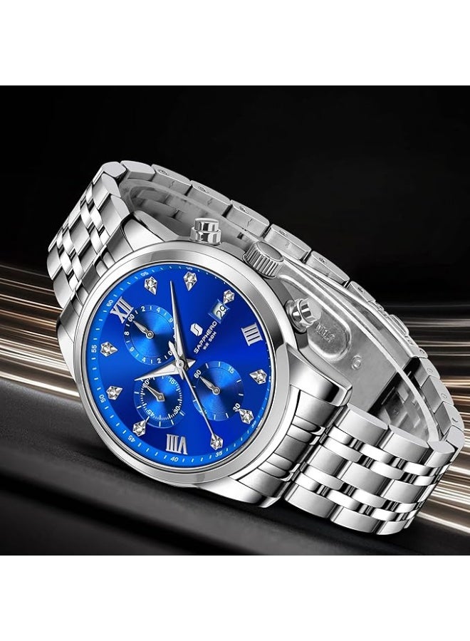 سافيرو ساعة SAPPHERO رجالية دائرية من الفولاذ المقاوم للصدأ، مقاومة للماء حتى عمق 50 مترًا، مضيئة، هدية أنيقة، ساعة يد مع عرض التاريخ وحركة كوارتز تناظرية - Image 3